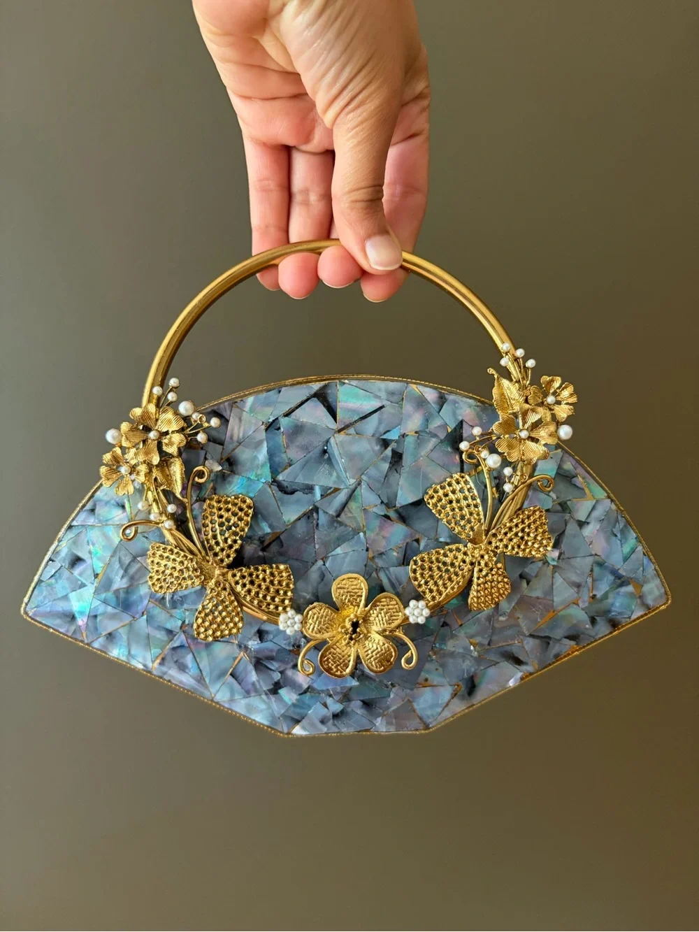 Gold Floral-Accent Iridescent Shell Evening Bag